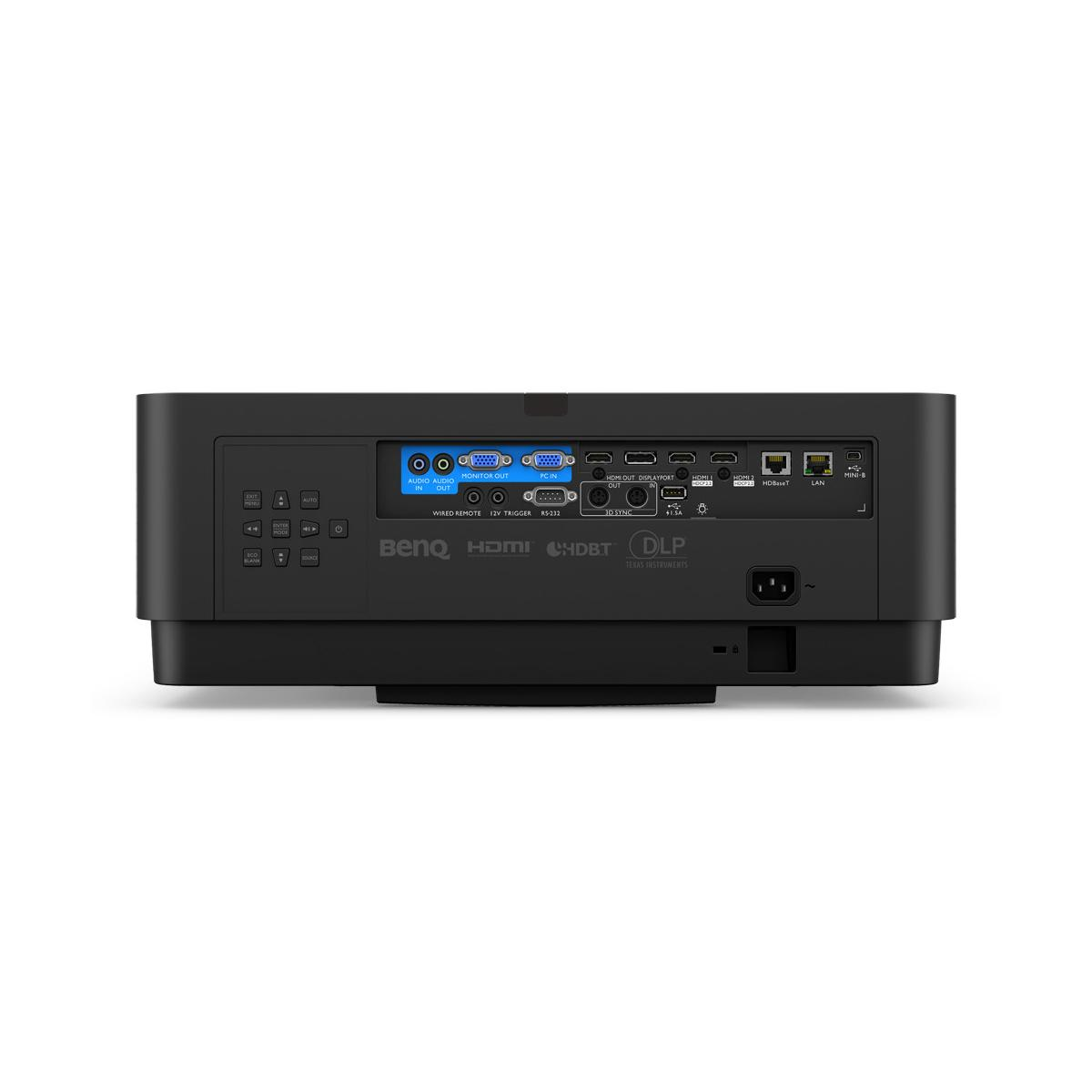 Arrière d'un projecteur noir montrant les ports audio, moniteur, PC, HDMI, DisplayPort, HDBaseT et LAN.