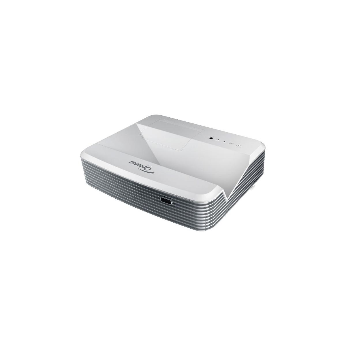 Un proiettore Optoma bianco con prese d'aria e logo.