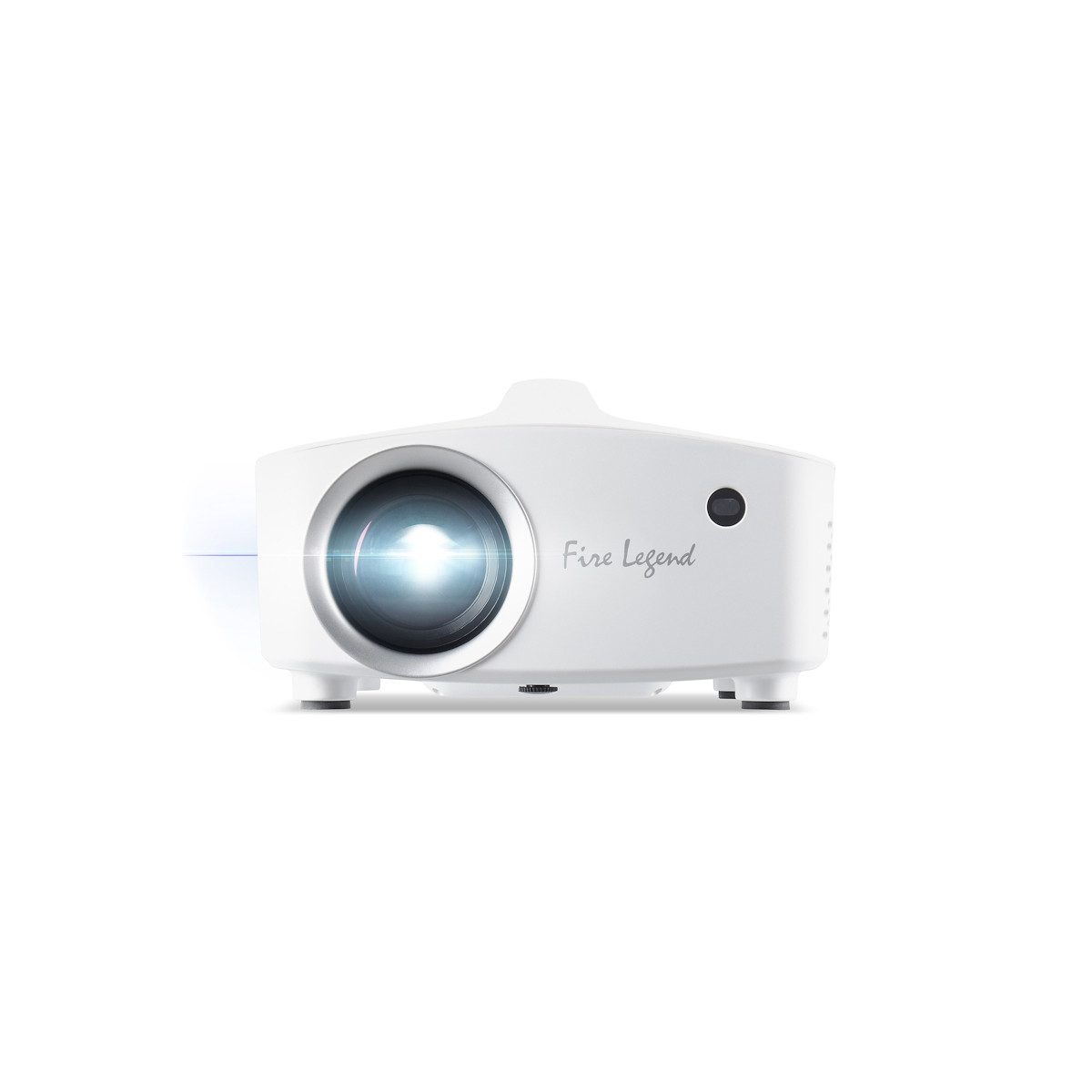 Un projecteur blanc avec une lentille lumineuse et l'inscription "Fire Legend".