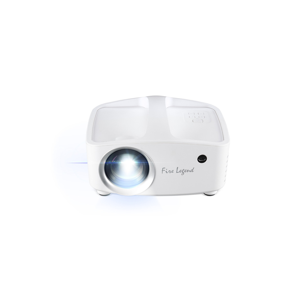 Un projecteur blanc avec une lentille lumineuse et l'inscription "Fire Legend".