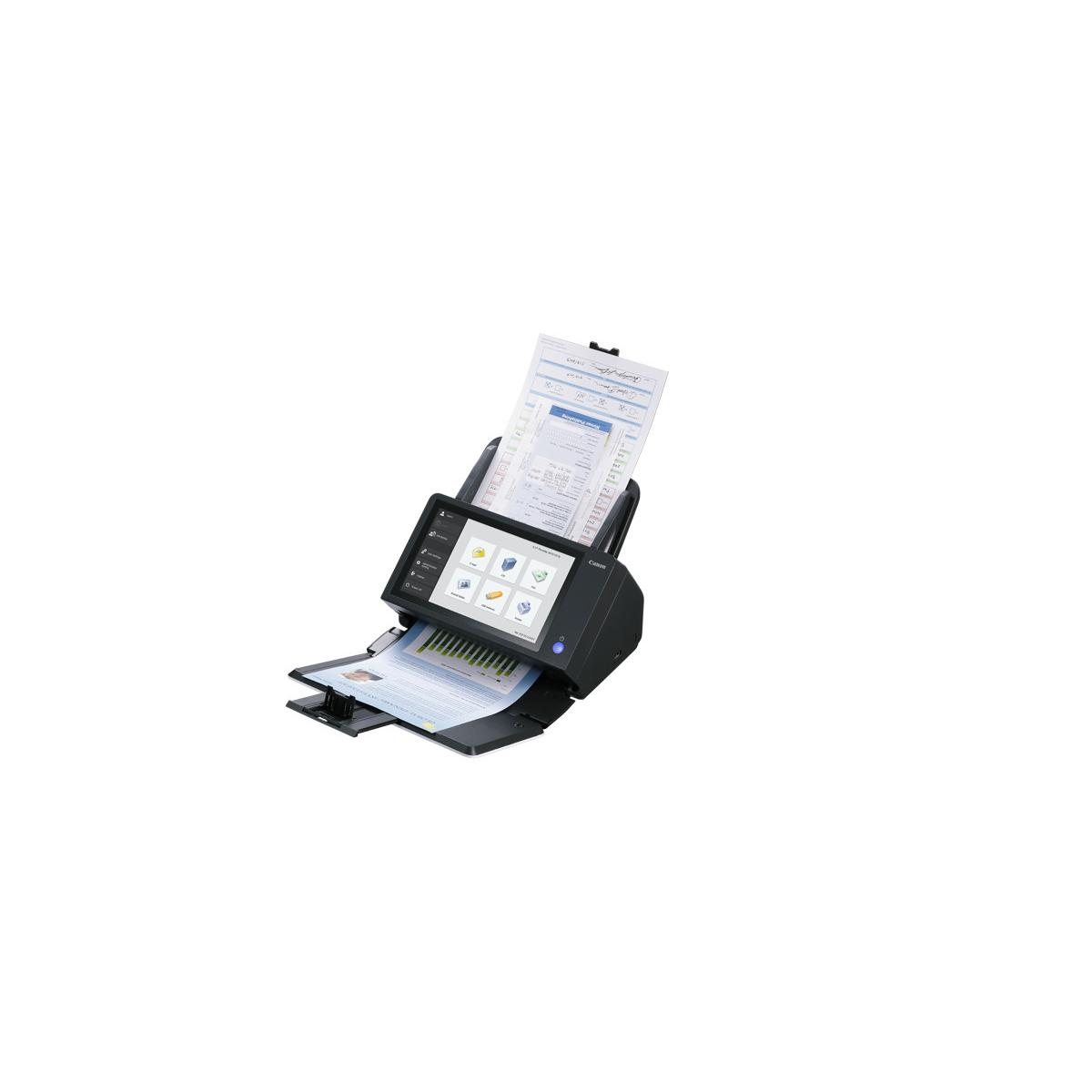 Ein Dokumentenscanner mit Touchscreen und eingelegten Dokumenten.