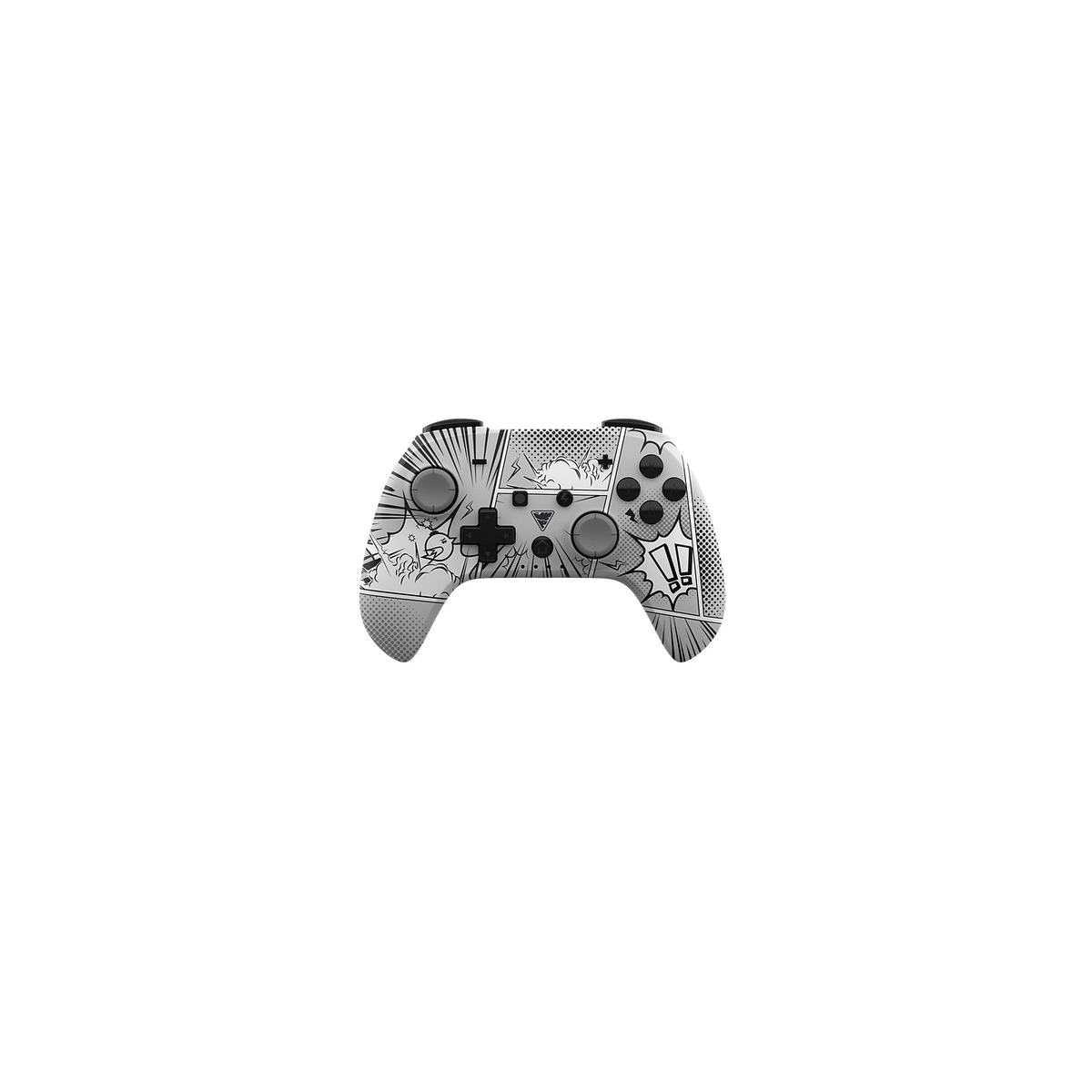Grauer Controller mit Comic-Aufdruck im Pop-Art-Stil, schwarze Tasten.