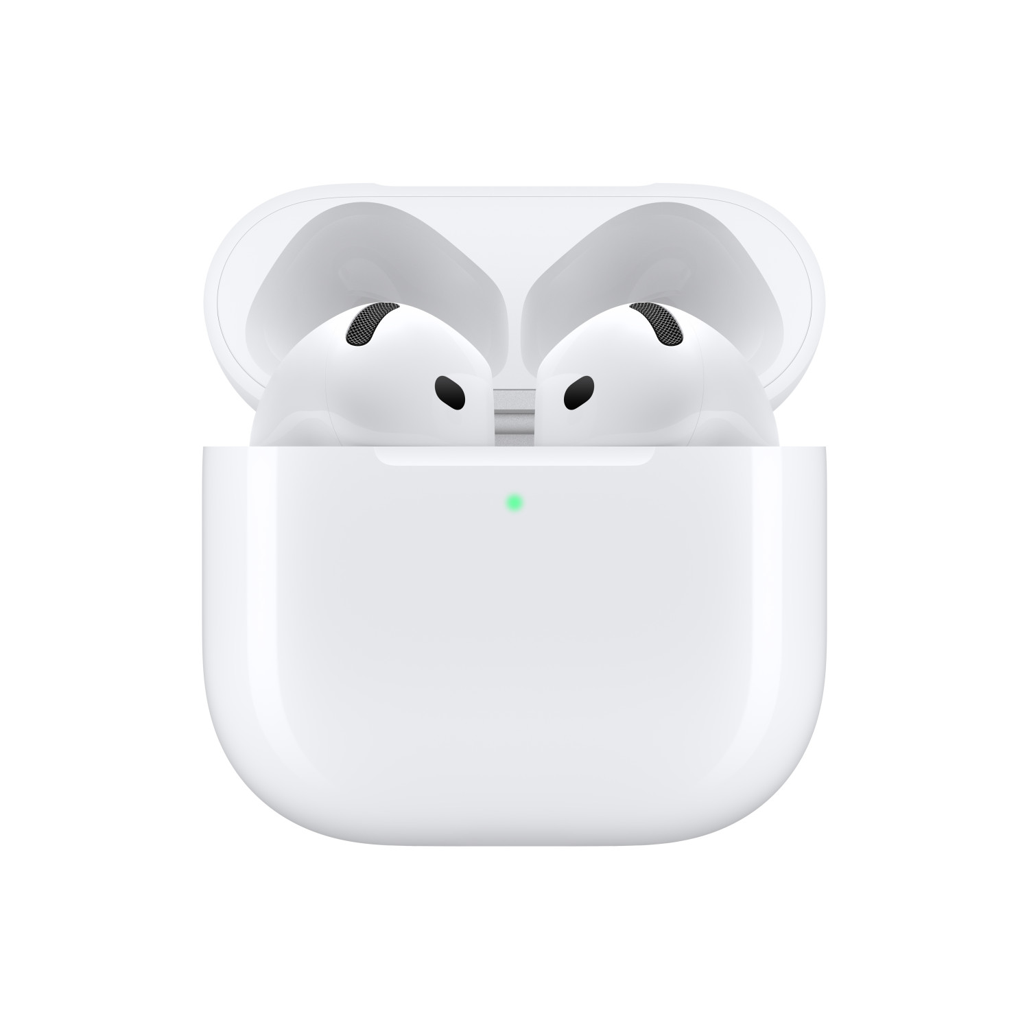 AirPods Pro blancos en un estuche de carga abierto con luz verde.