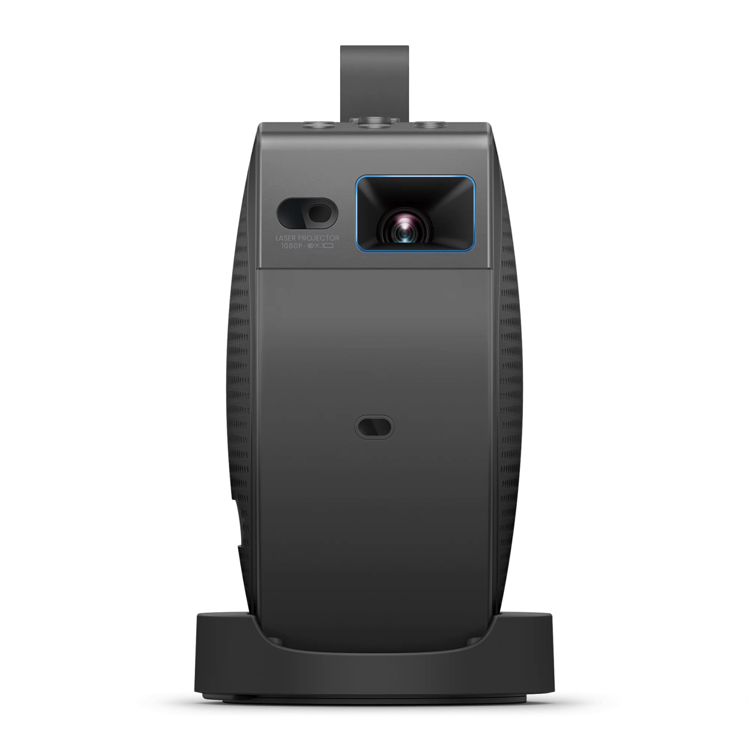 Un projecteur laser rectangulaire sombre repose sur une base noire.