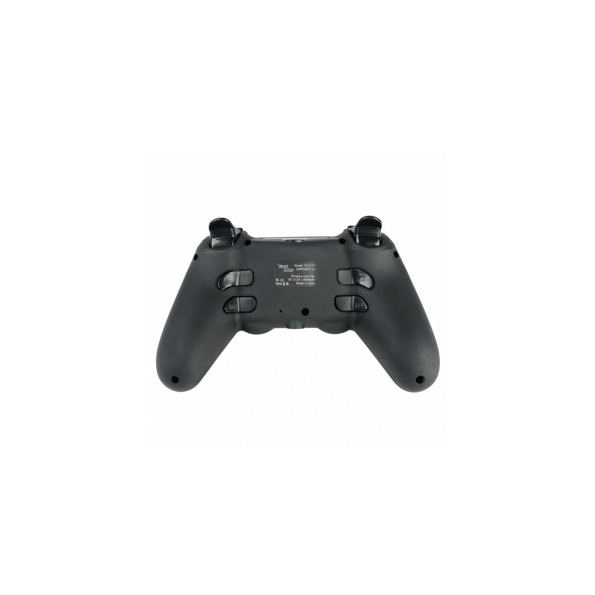 Controller di gioco nero con testo e pulsanti sul retro.
