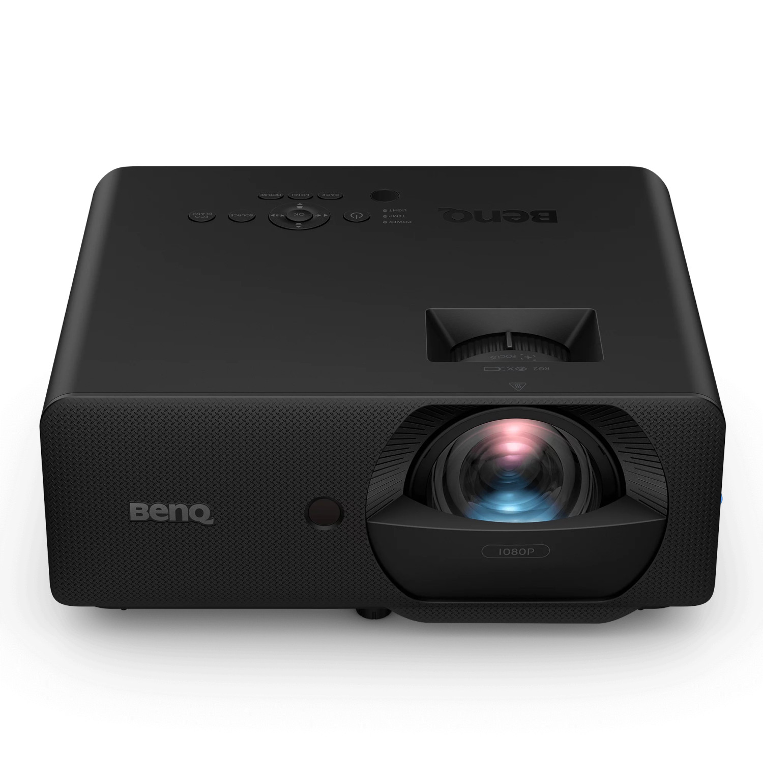 Projecteur BenQ noir 1080P avec lentille et boutons de contrôle sur le dessus.