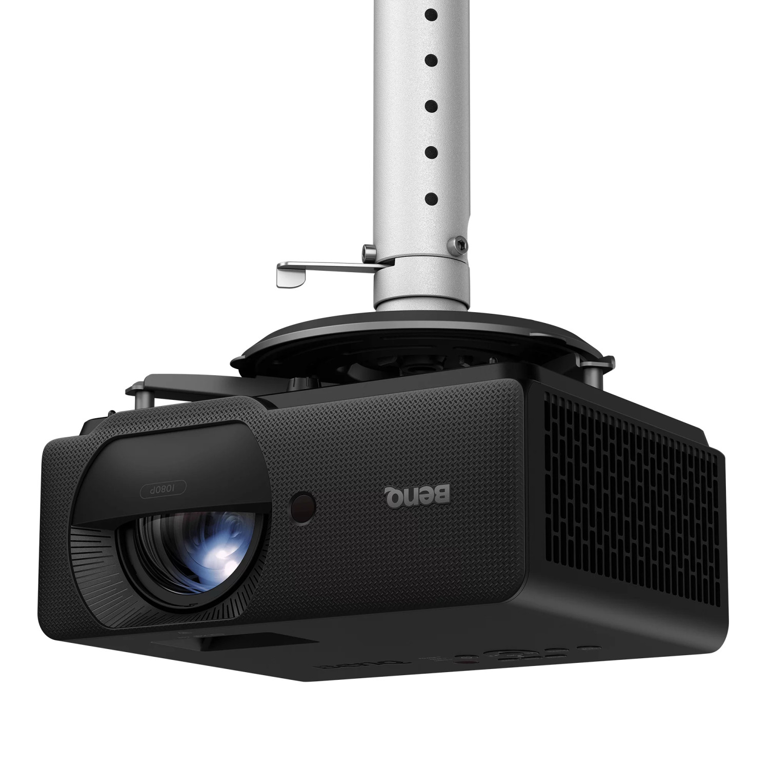 Un projecteur noir est suspendu à un support de plafond argenté.