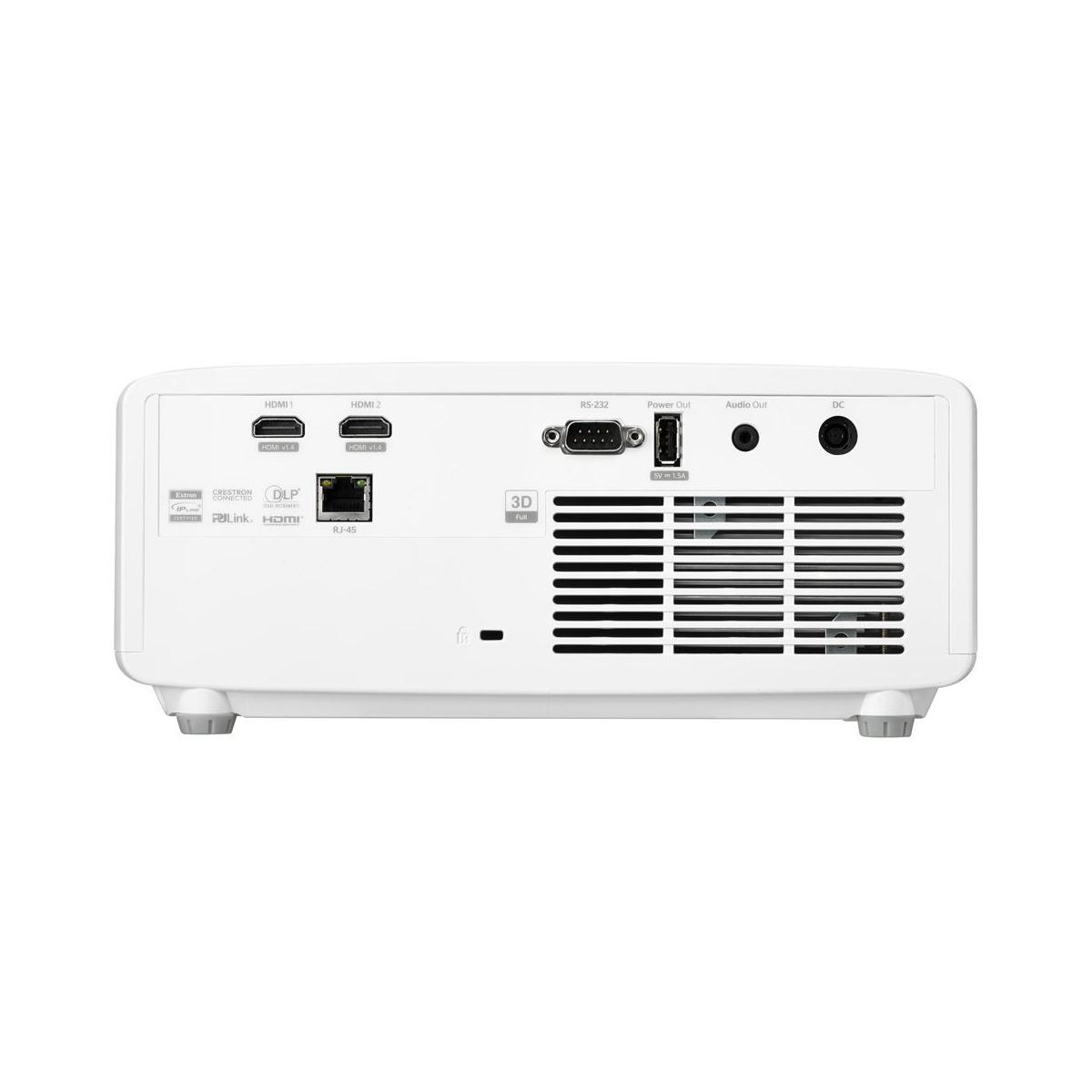 Projektorrückseite mit Anschlüssen wie HDMI, RS-232, Stromversorgung und Audioausgang.