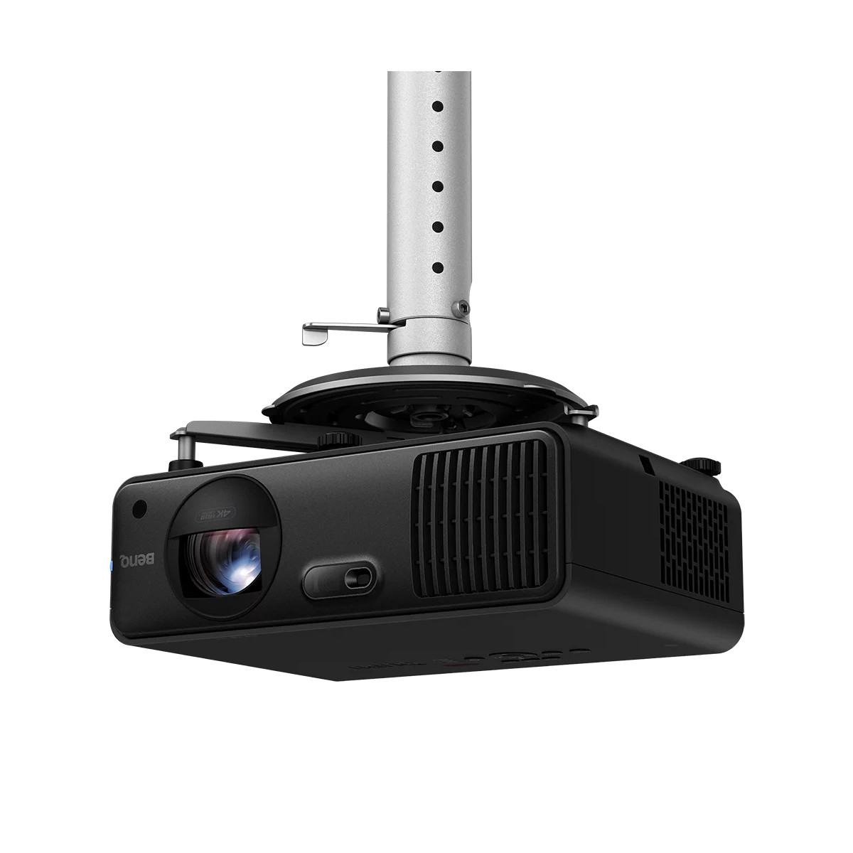 Projecteur noir avec support de plafond argenté, inclinable et pivotant.