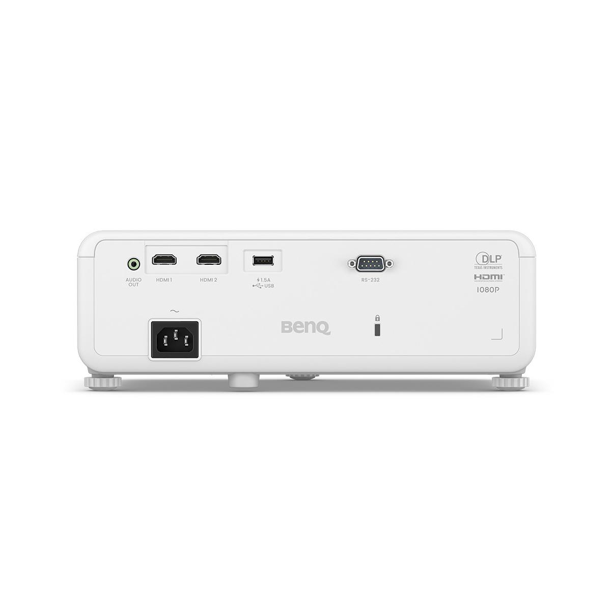 Biały projektor z portami: Audio Out, 2x HDMI, USB, RS-232.