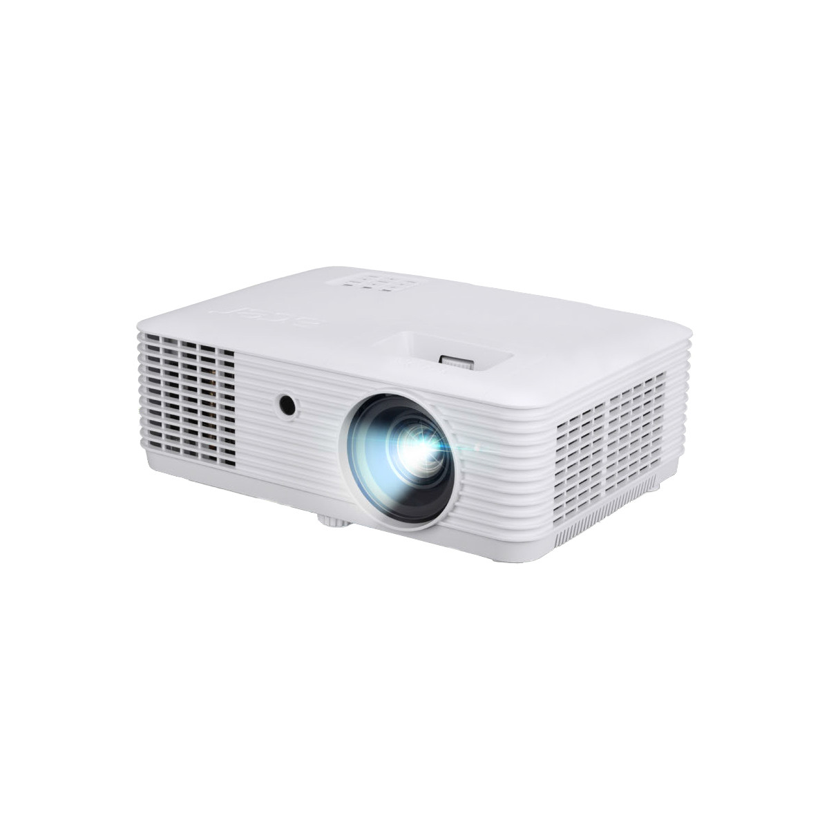 Een witte projector met gloeiende lens op witte achtergrond.