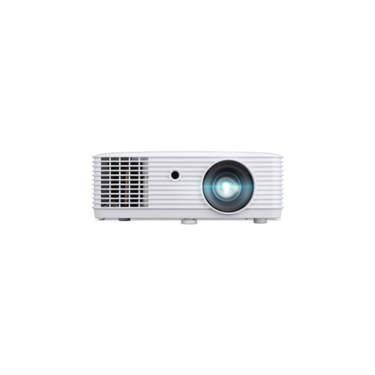 Een witte projector met ventilatieopeningen en een lichtgevende lens.