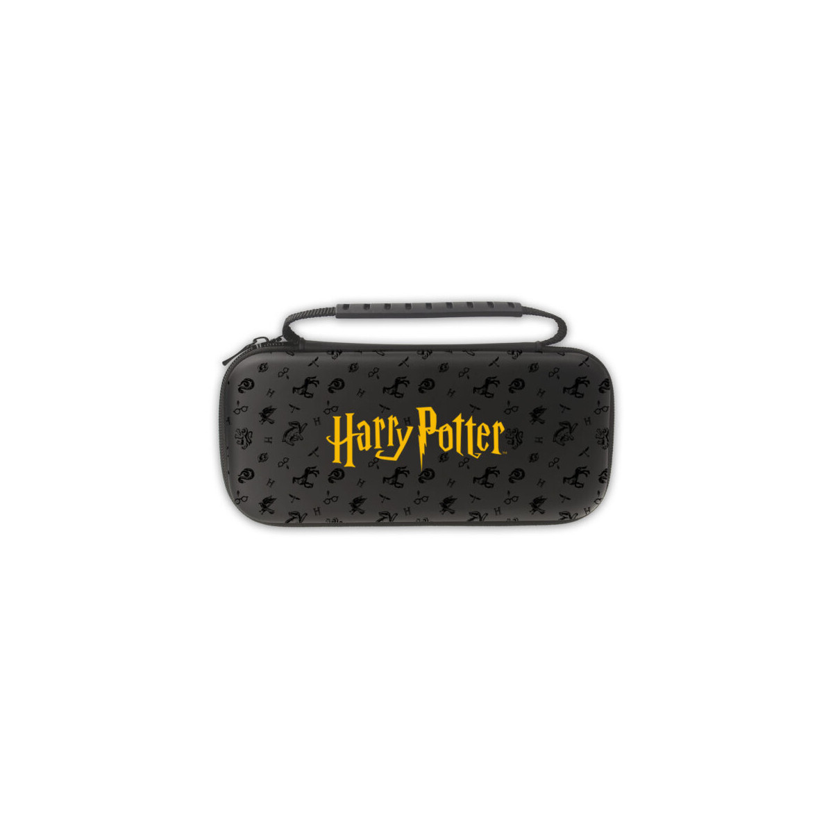 Funda negra con logo y patrones de Harry Potter. Con asa.