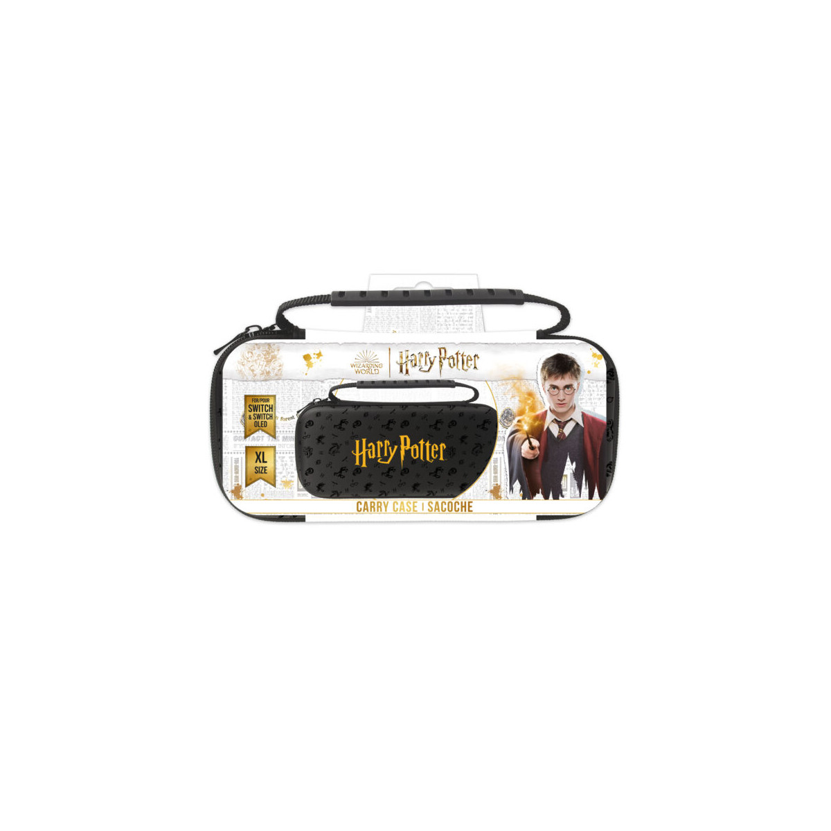 Funda negra de Harry Potter, talla XL, con Harry con varita en el embalaje.