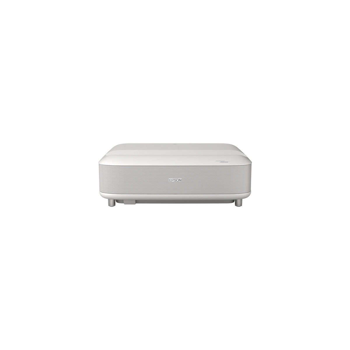 Un projecteur Epson blanc repose sur quatre petits pieds sur fond blanc.