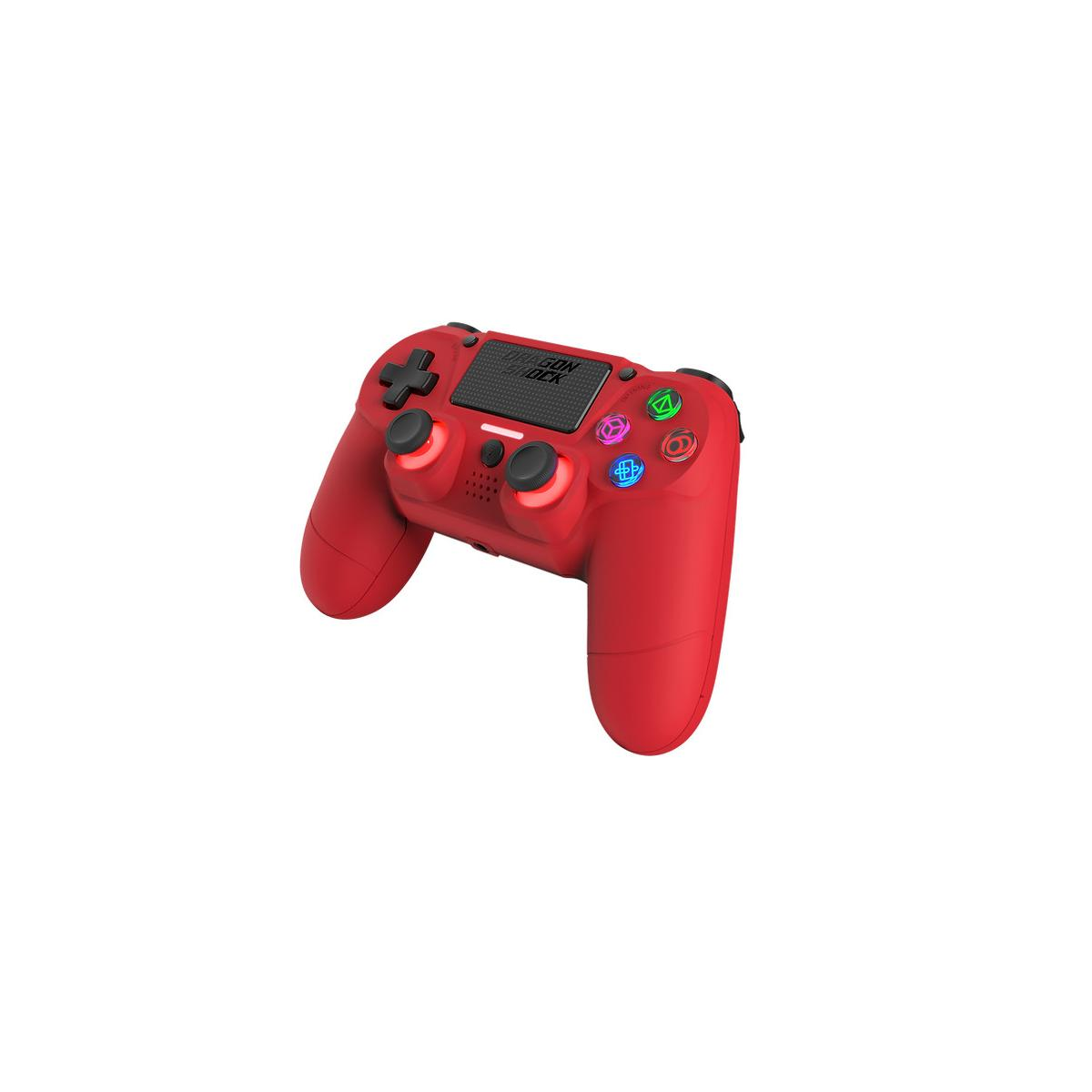 Un controller da gioco rosso con pulsanti illuminati e pannello di testo nero.