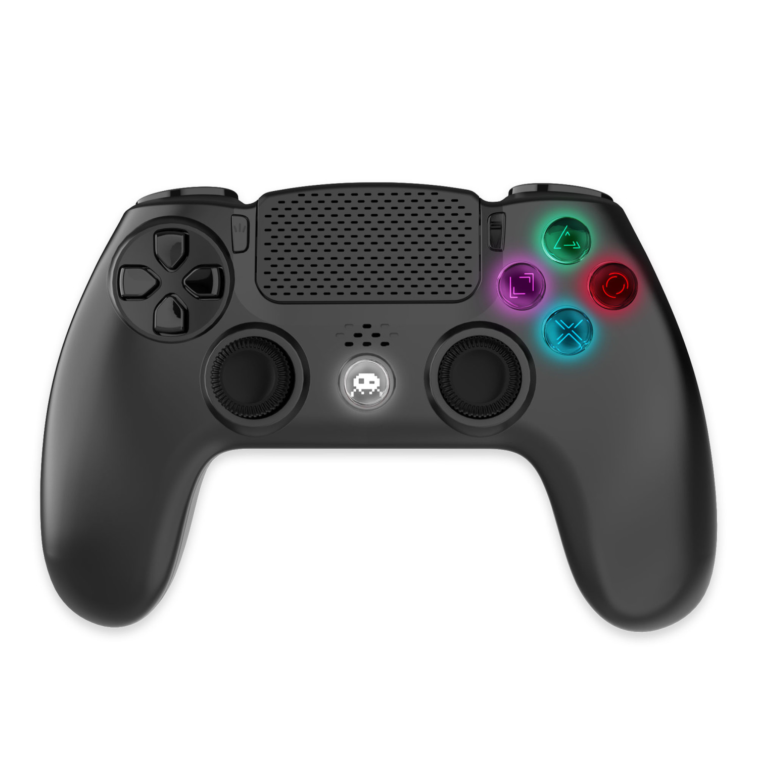 Controller di gioco nero con pulsanti illuminati verdi, viola, rossi e blu.
