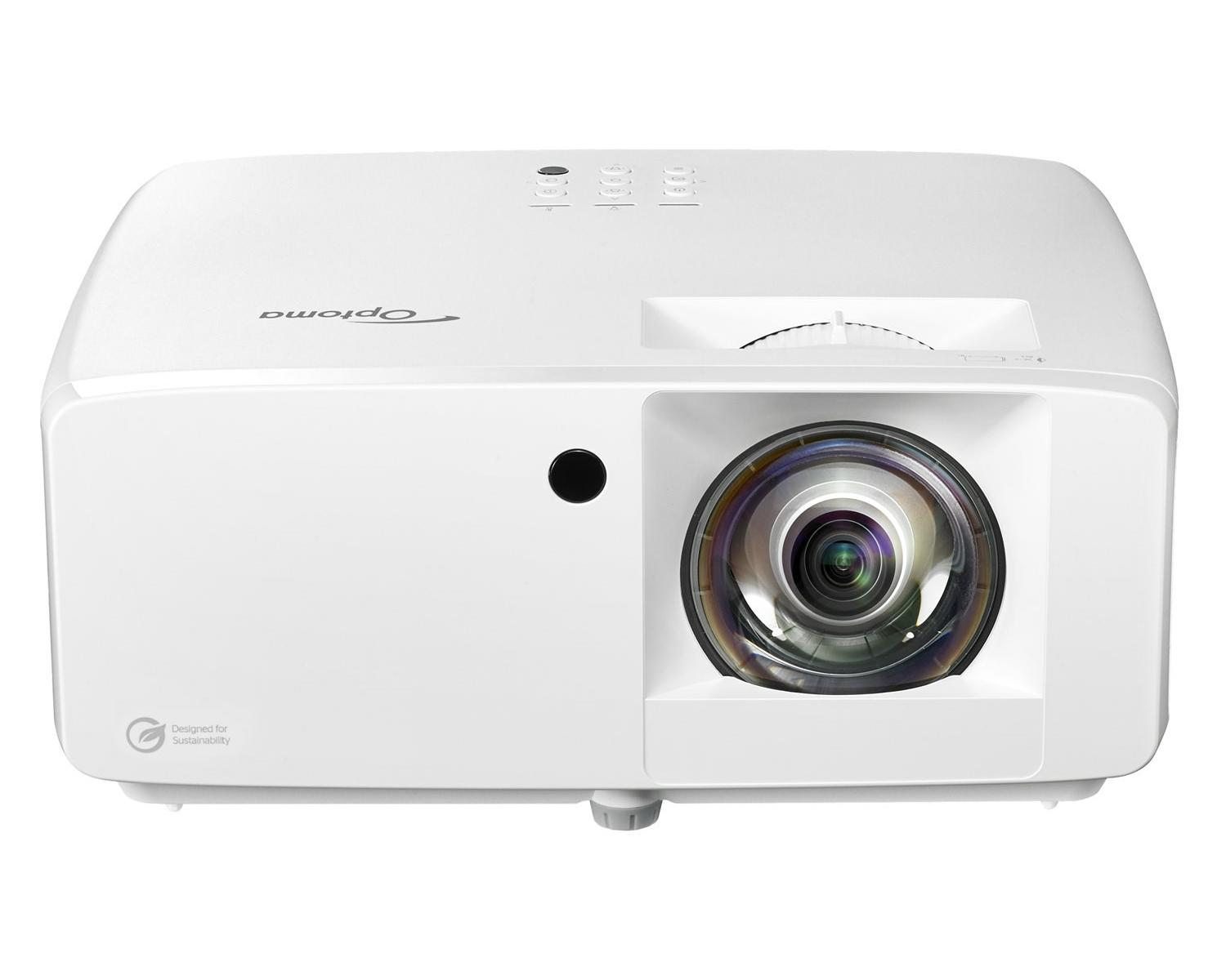 Un projecteur Optoma blanc avec objectif et boutons sur fond blanc.