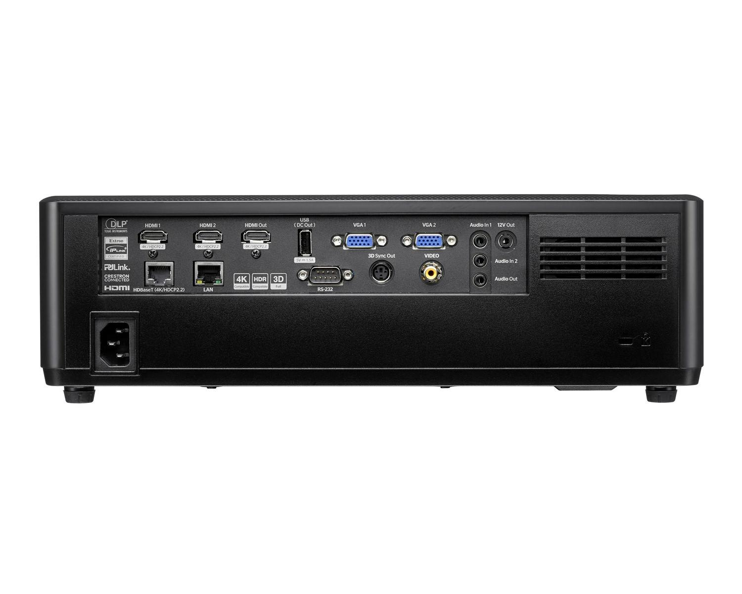 Rückseite eines Projektors mit Anschlüssen: HDMI, USB, VGA, LAN, RS-232.