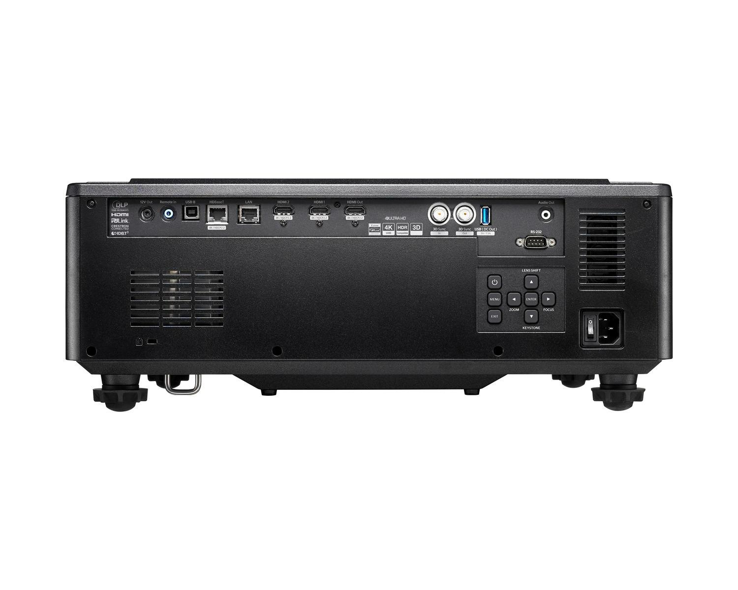 Rückseite eines schwarzen Projektors mit Anschlüssen: HDMI, LAN, USB, RS-232 und Bedienelementen.