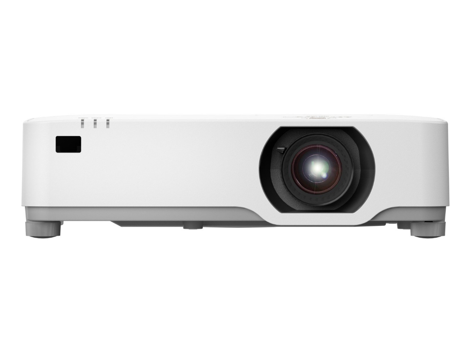 Un proyector blanco con su lente al frente y luces de estado arriba.