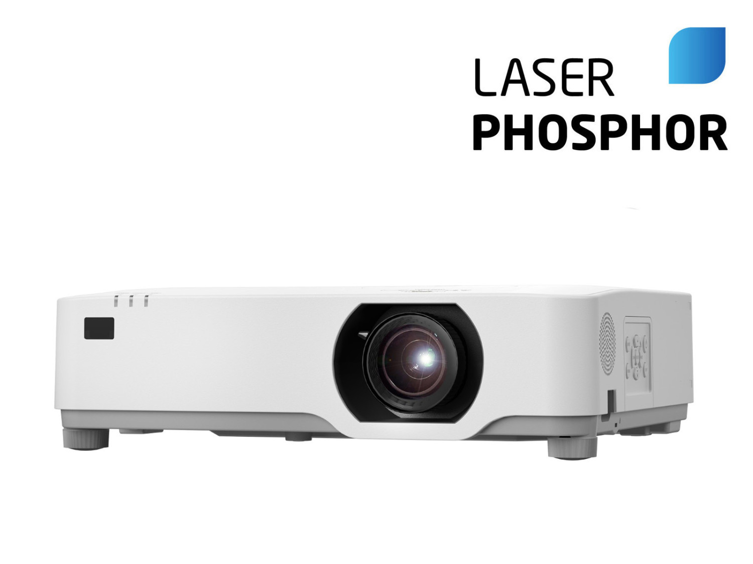 Un proyector blanco con lente al frente y texto LASER PHOSPHOR arriba.