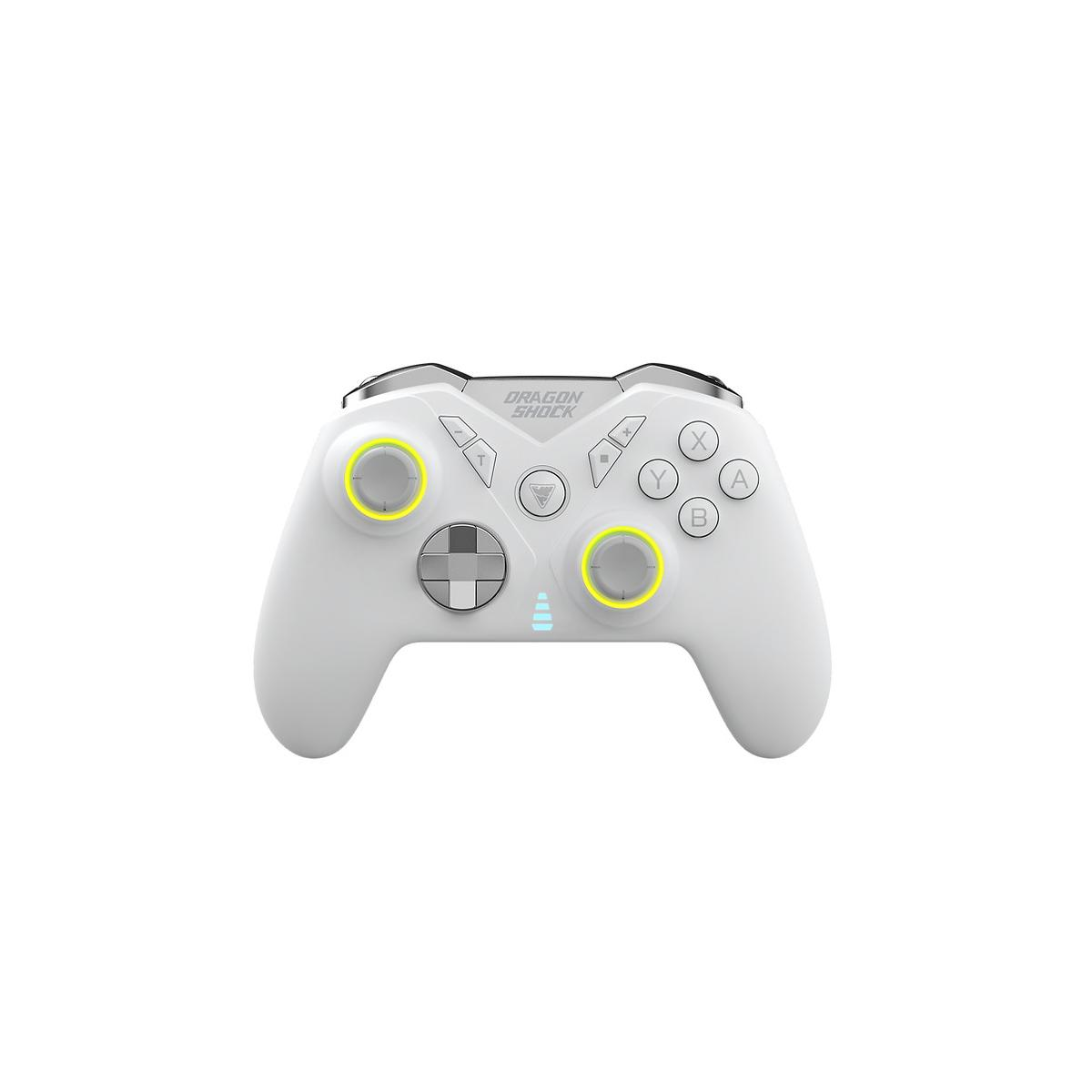Ein weißer Gaming-Controller mit gelben Akzenten und "DRAGON SHOCK"-Aufschrift.
