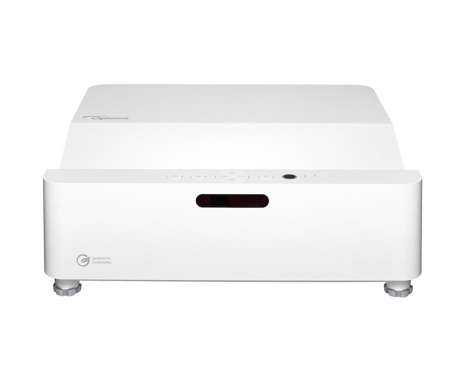 Un projecteur Optoma blanc avec une fenêtre de lentille rouge et des boutons.