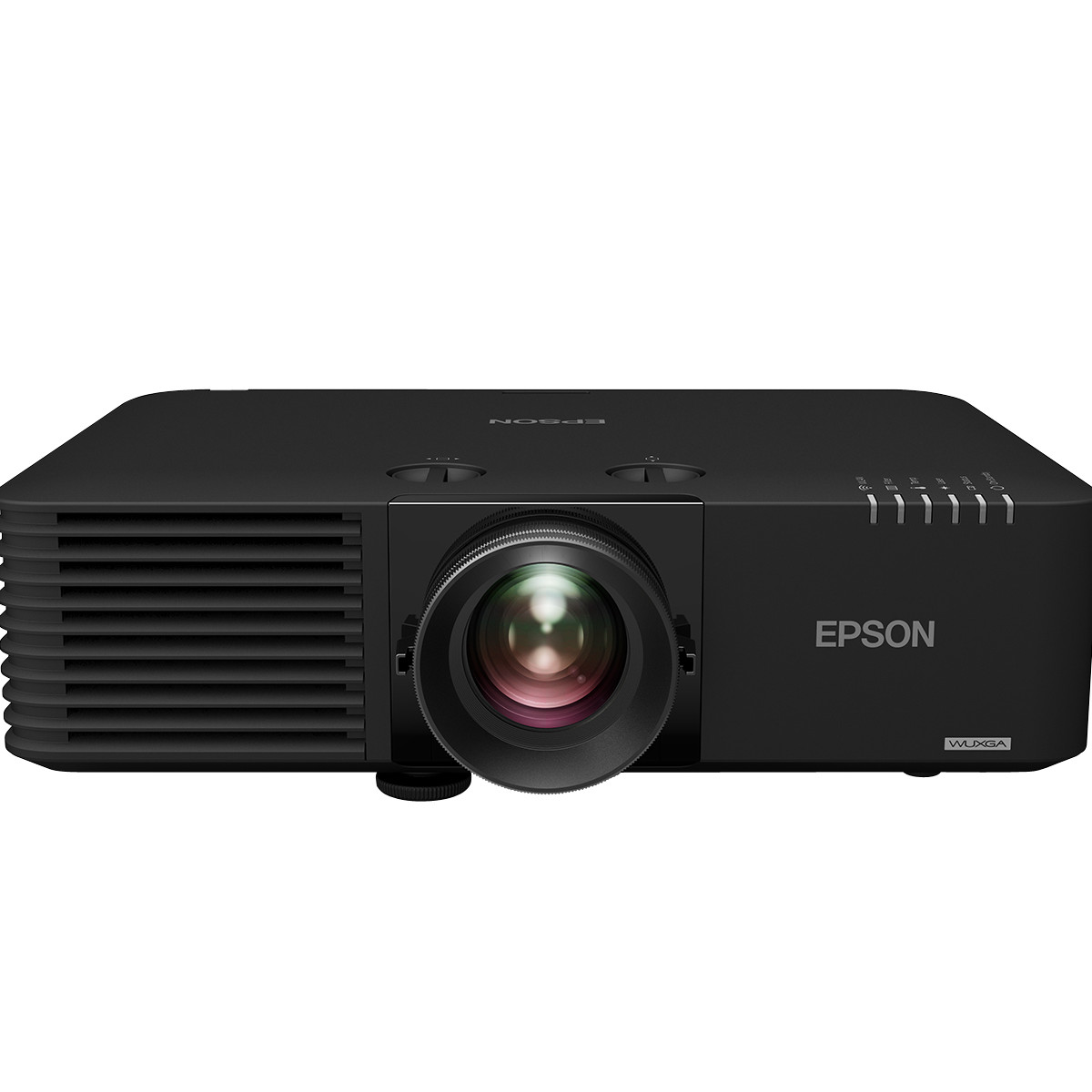Un proiettore Epson nero con lente e pulsanti di controllo.