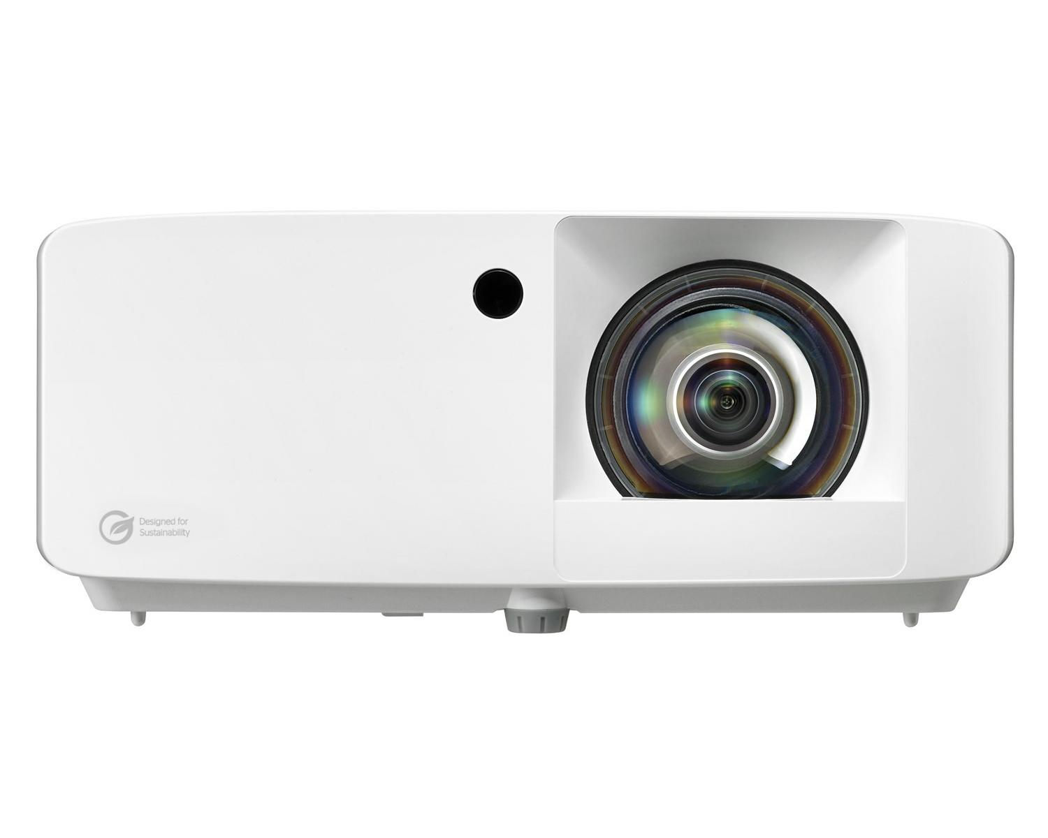 Un projecteur blanc avec objectif et logo de durabilité.
