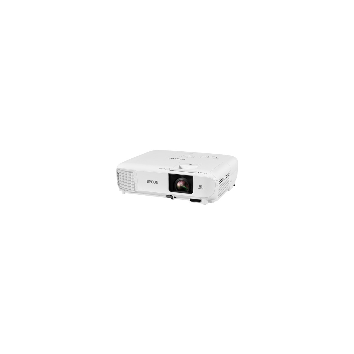 A white Epson projector with its lens and vents is shown on a white background.