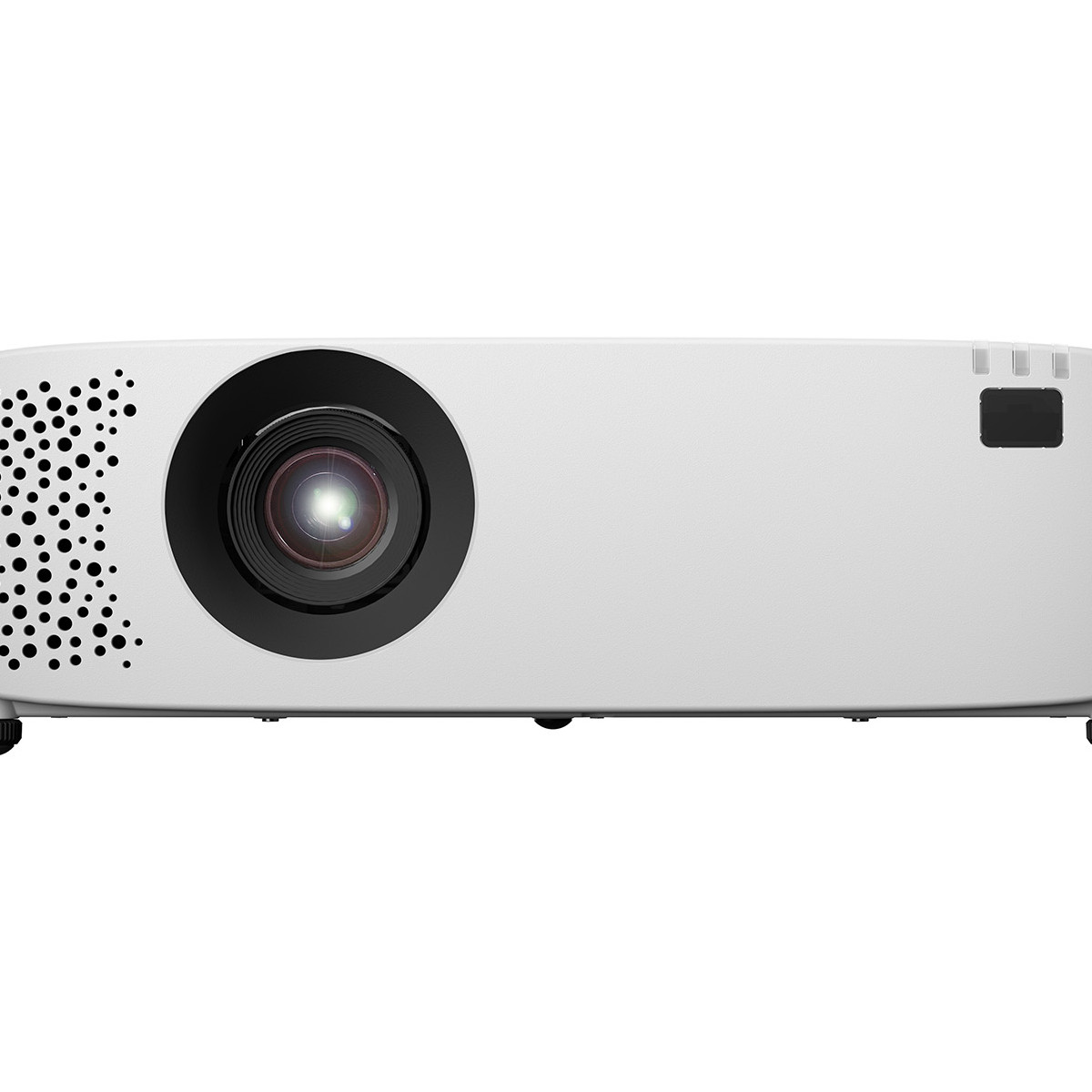Un proyector blanco con una lente grande y rejillas de ventilación.