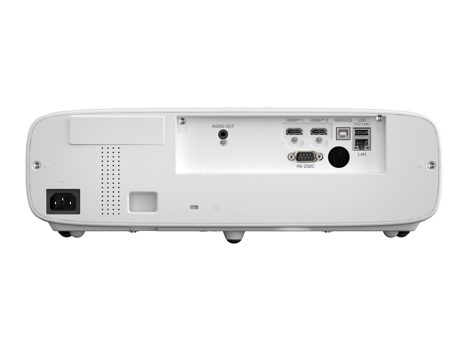 Vista trasera de un proyector blanco con puertos de alimentación, audio, 2x HDMI, servicio, USB, RS-232C y LAN.