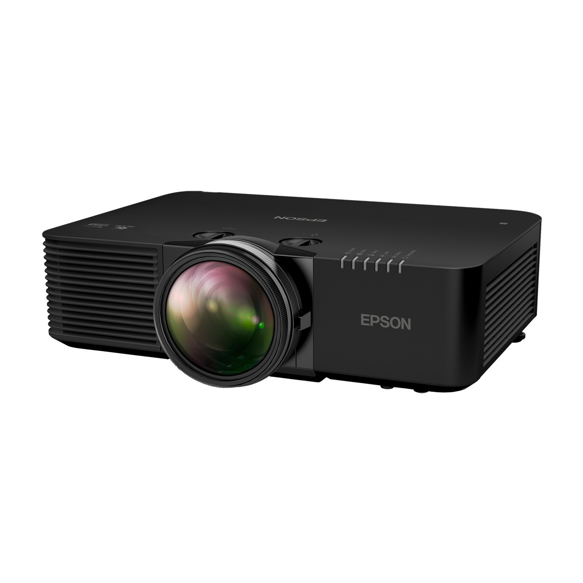 Een zwarte Epson projector met een grote lens en ventilatieroosters.