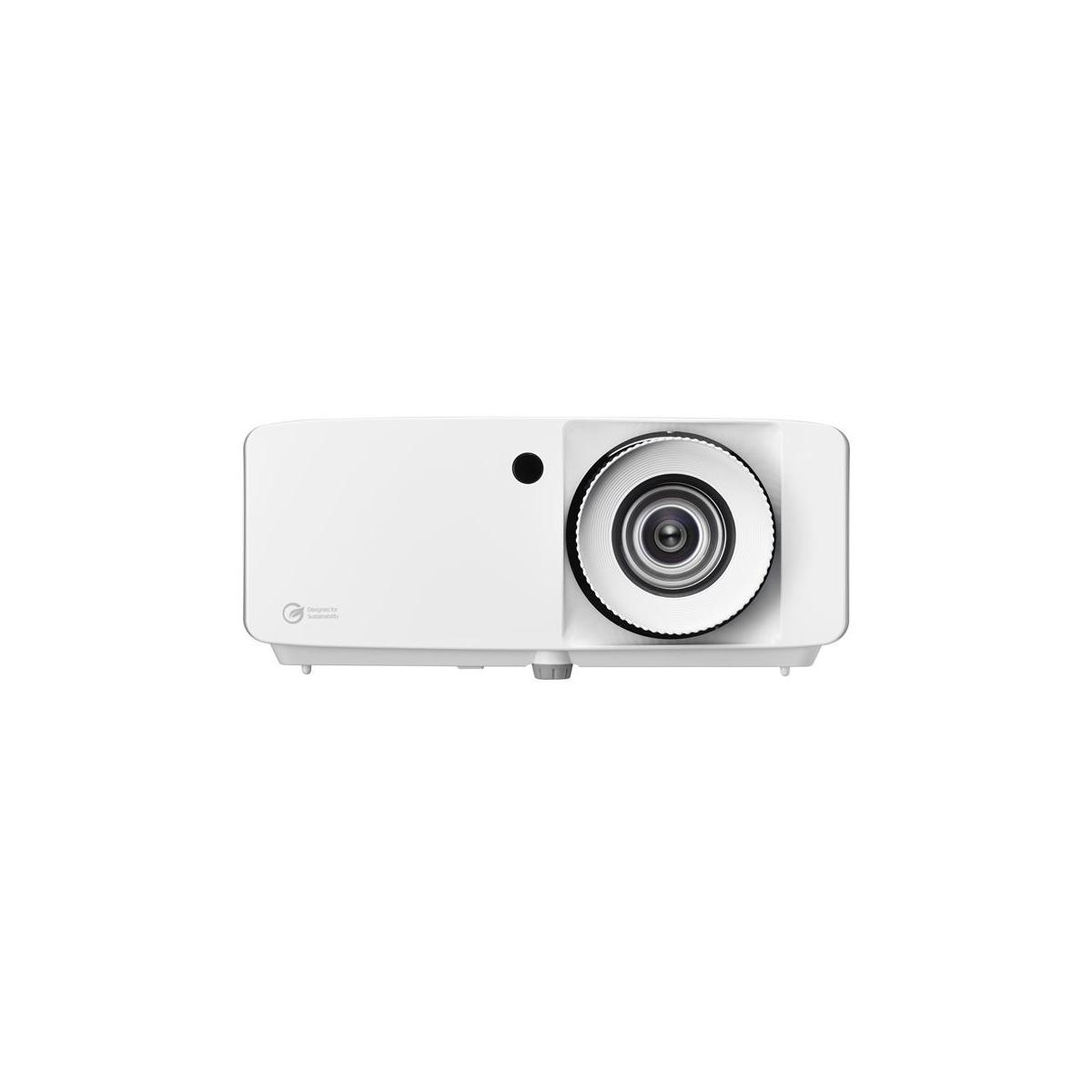 Un proyector blanco con lente y un pequeño punto negro.
