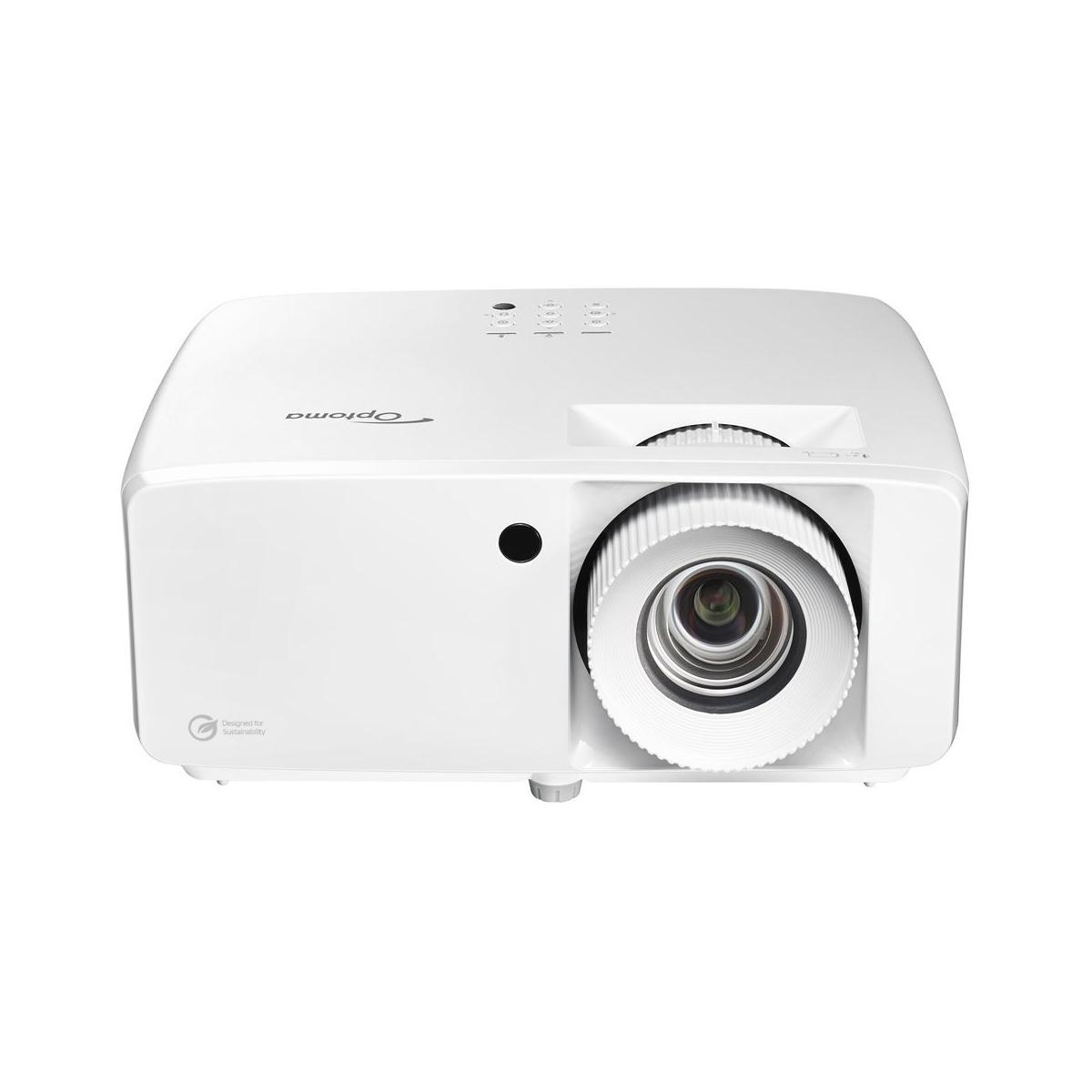 Un proyector blanco con logo Optoma y lente sobre fondo blanco.