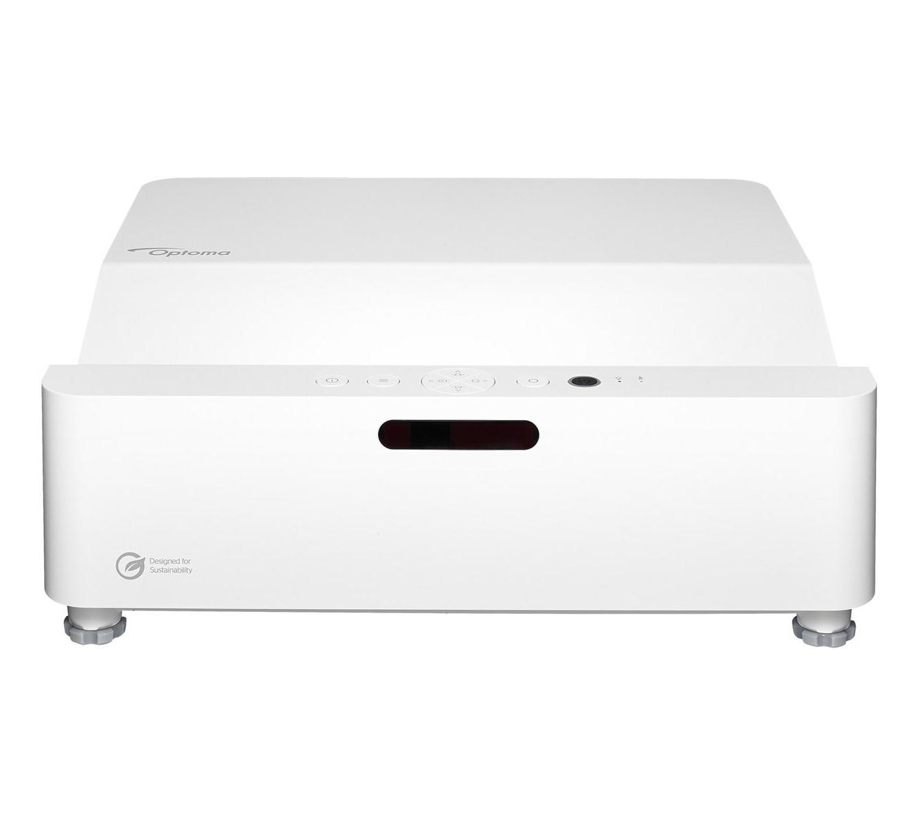 Un proiettore Optoma bianco con pulsanti di controllo e lente rossa.
