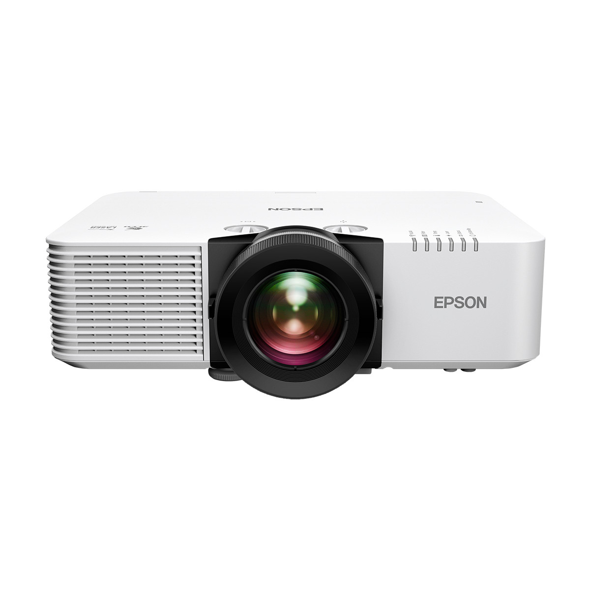 Un projecteur Epson blanc avec un grand objectif et des fentes.