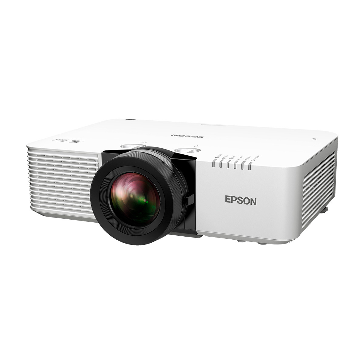 Un projecteur Epson blanc avec un grand objectif et des grilles de ventilation.