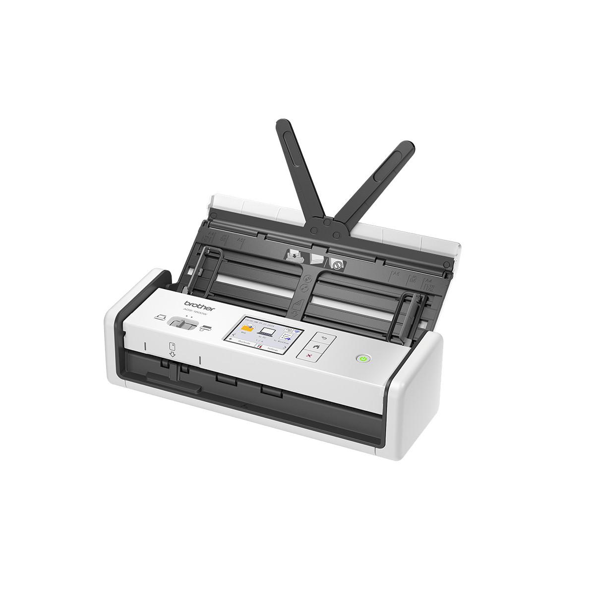 Ein weißer Brother-Scanner mit geöffnetem Deckel und ausklappbaren Zuleitungsarmen.