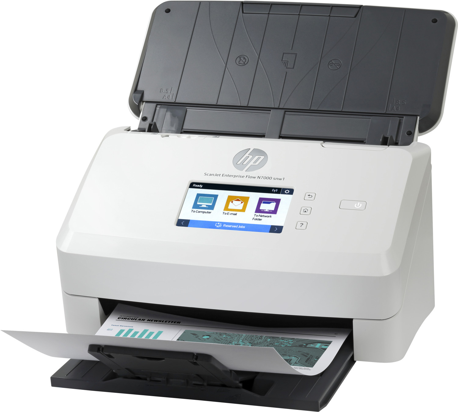 An open white HP ScanJet Enterprise N7000 scanner with paper in the output tray.