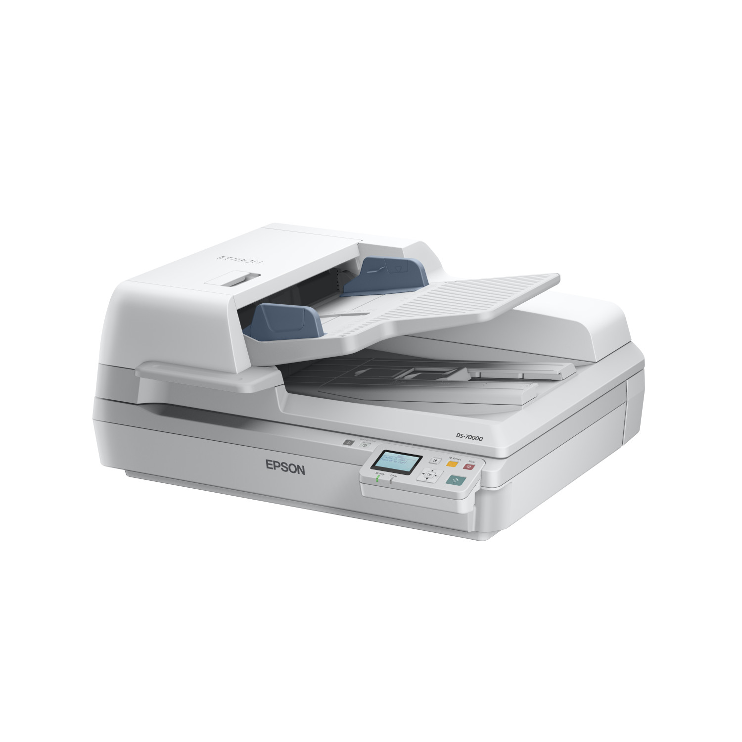Uno scanner documenti Epson DS-70000 bianco con coperchio aperto e pannello di controllo visibile.