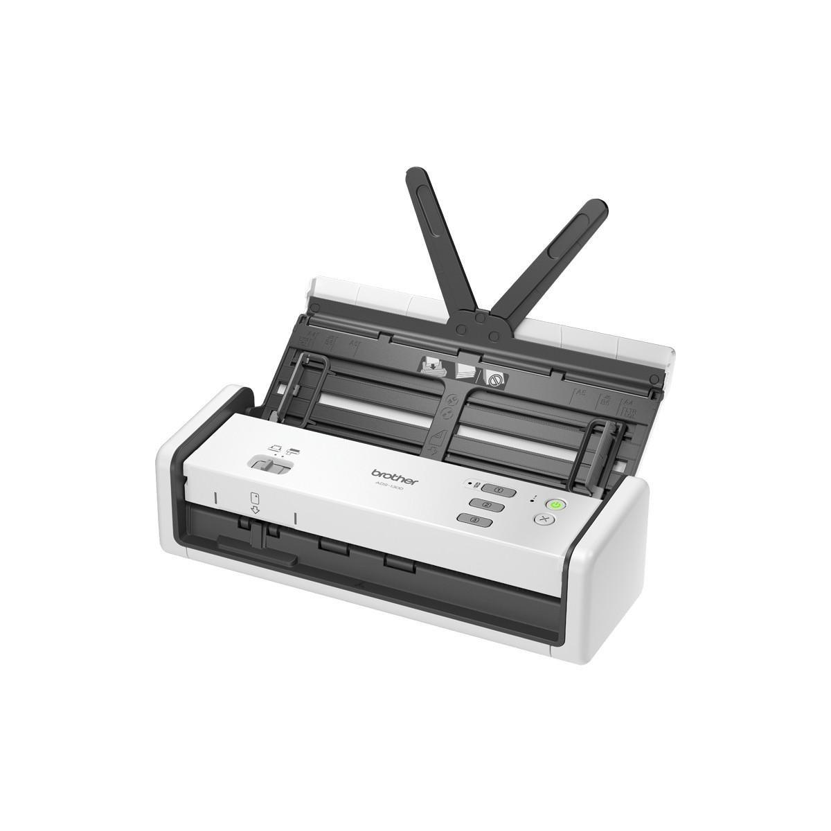 An open white Brother document scanner with a V-shaped stand and buttons.