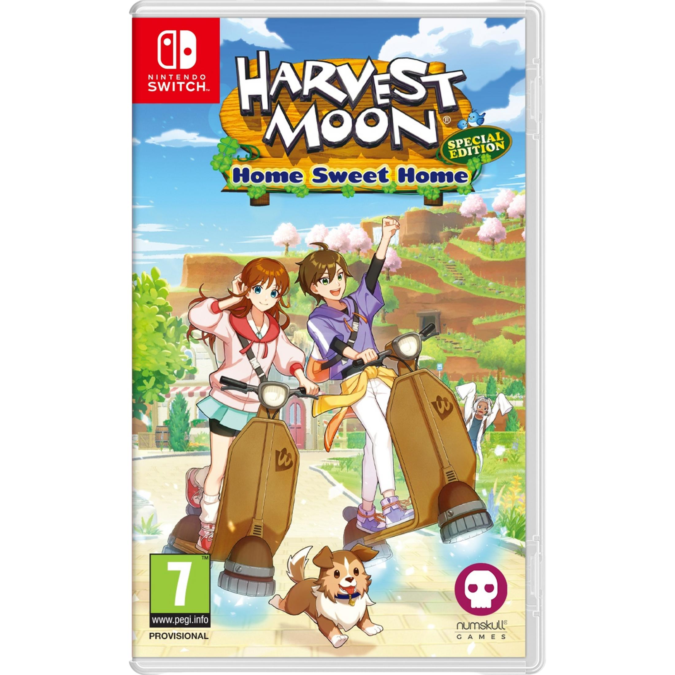 Copertina di Harvest Moon: Home Sweet Home con due personaggi su scooter e un cane.