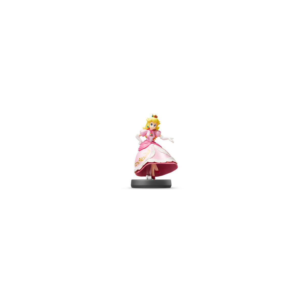 Prinzessin Peach Figur in einem rosa Kleid mit goldener Verzierung auf einem schwarzen Sockel.