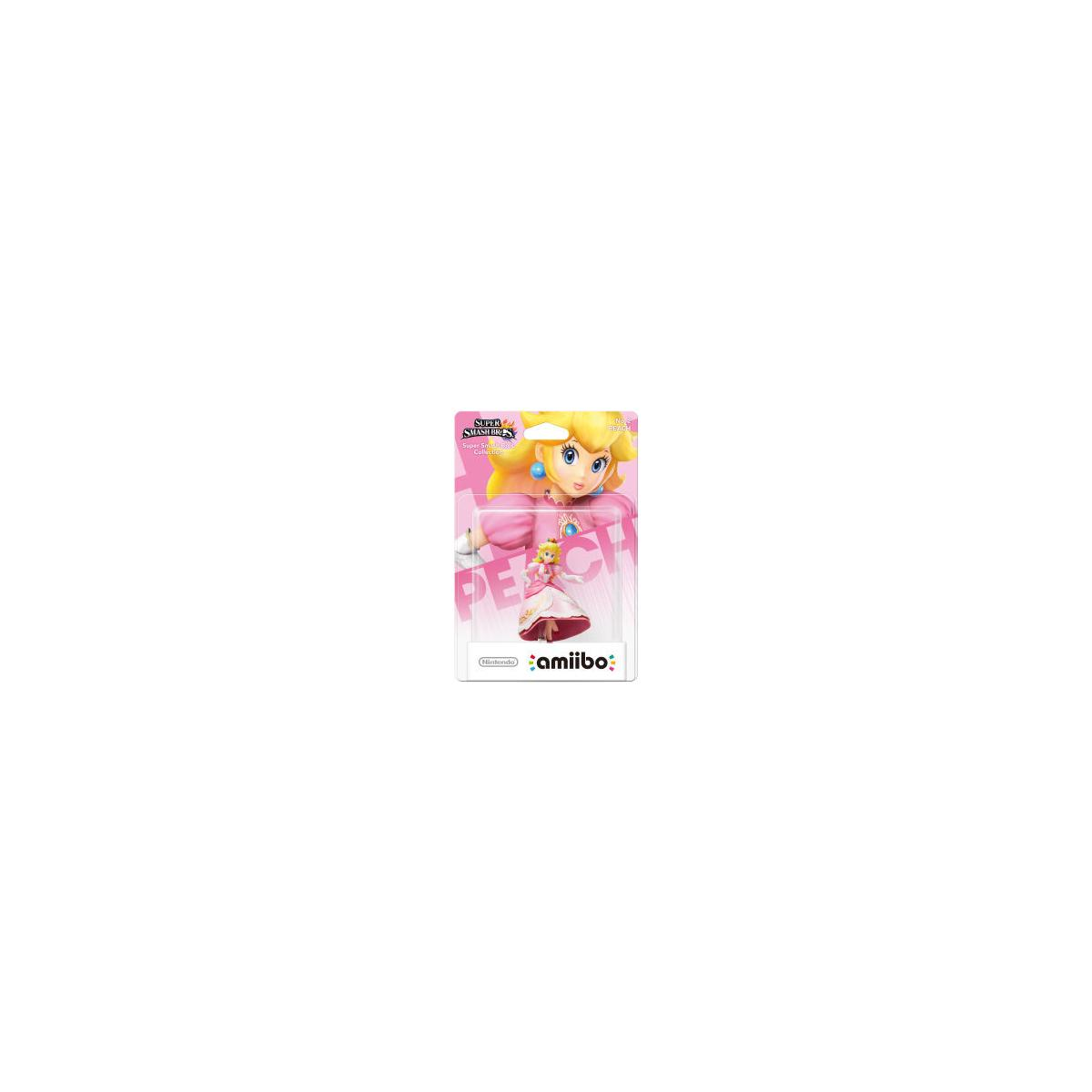 Peach Amiibo Figur im Super Smash Bros. Karton. Sie trägt ein rosa Kleid.