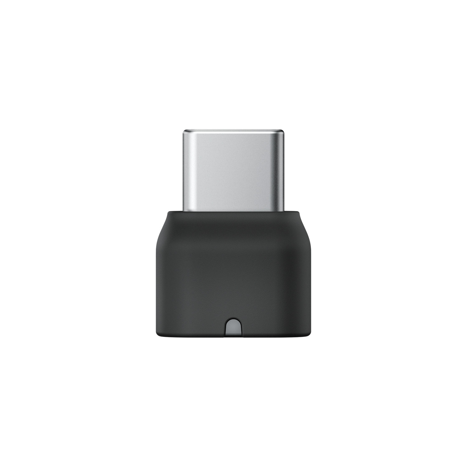 Un adattatore USB-C nero con connettore argentato è mostrato su sfondo bianco.