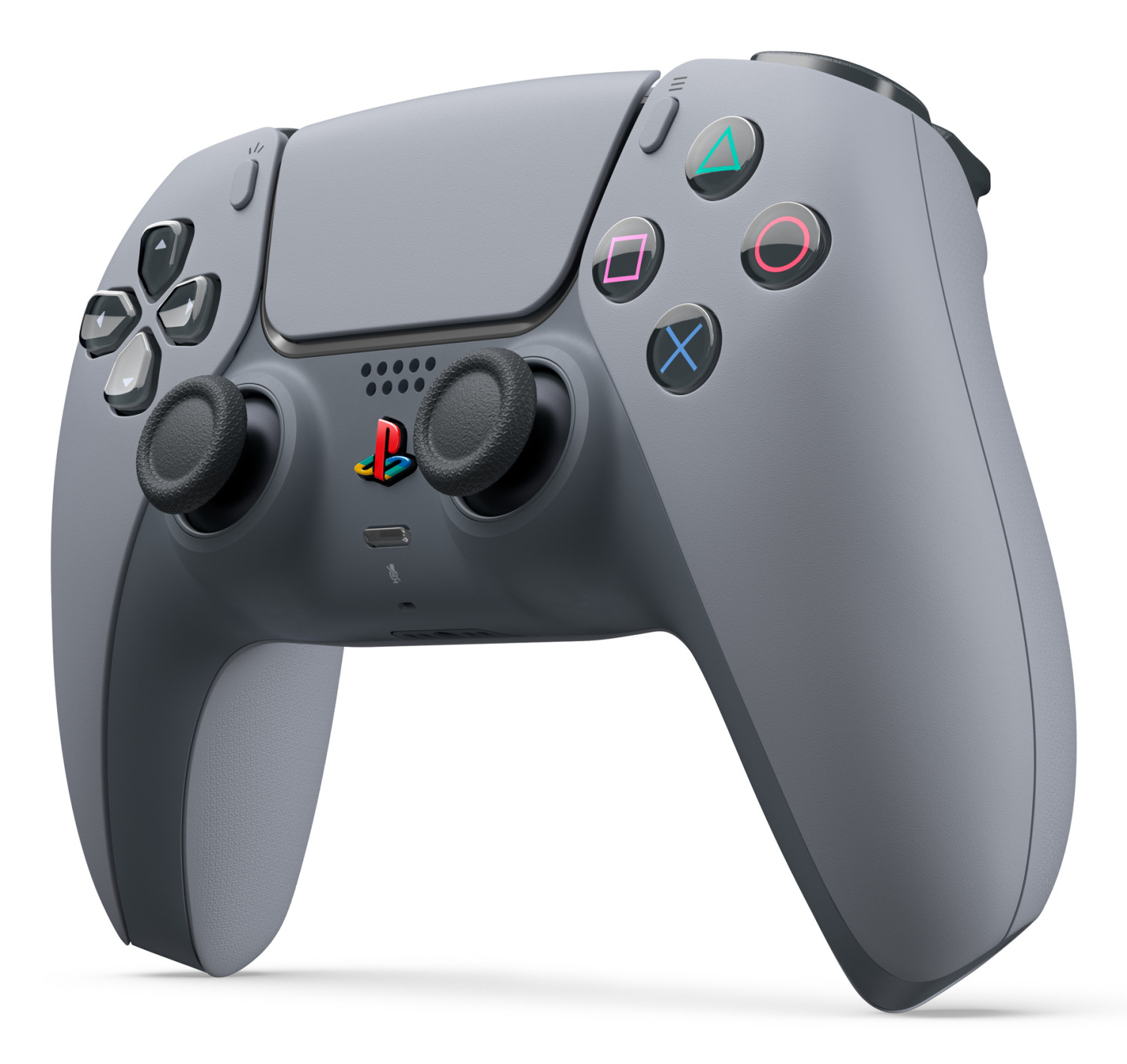 Grauer PlayStation 5 Controller mit schwarzen Analogsticks und Tasten.