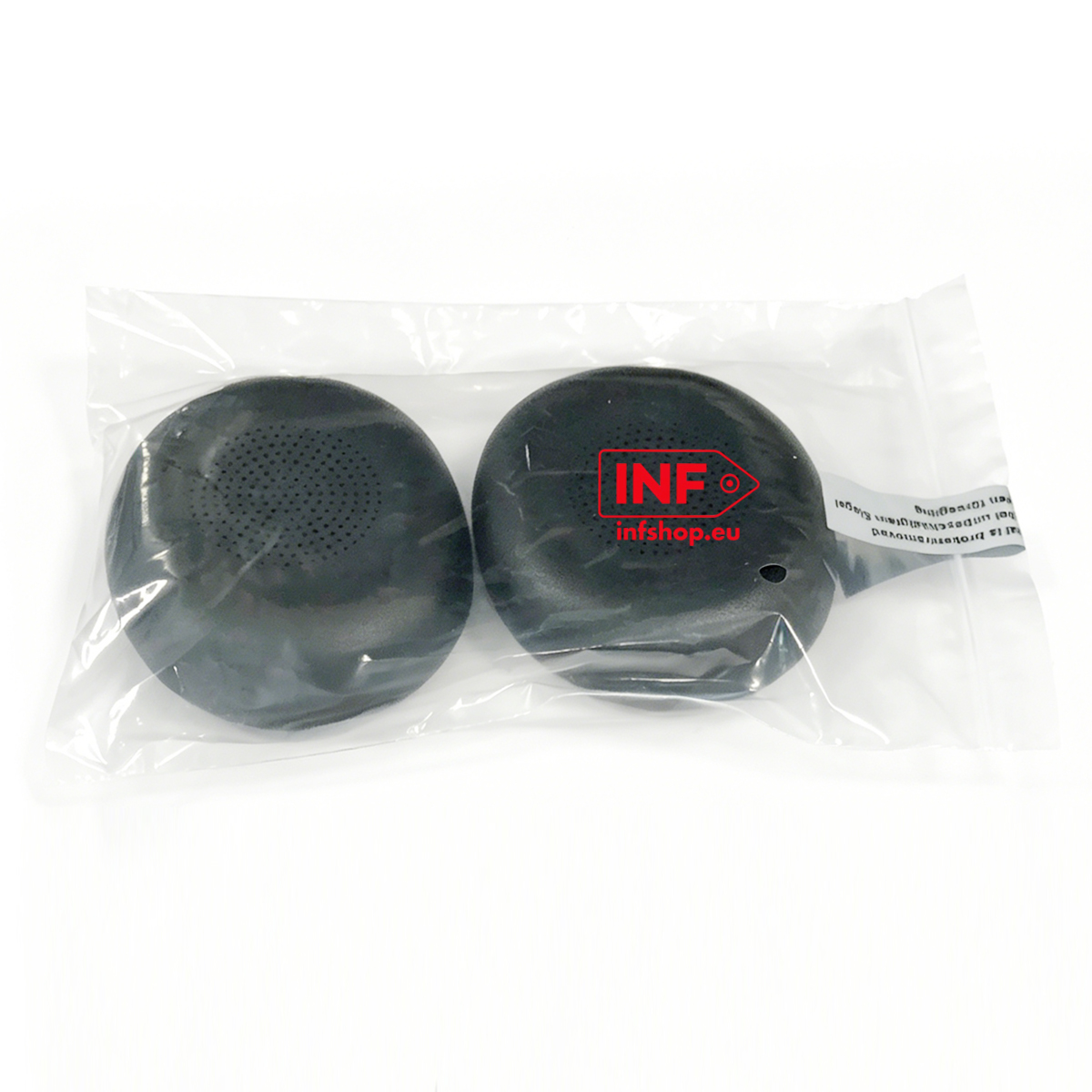 Two black headphone earcups in a plastic bag with an INF logo.