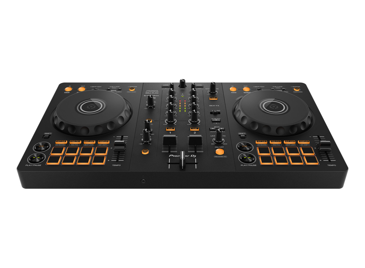 Turuncu düğmeli ve jog tekerlekli siyah DJ kontrolcüsü.